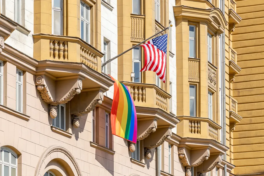 U.S. embassy in Moscow displays LGBT "Pride" flag. Embassies will be allowed to fly the rainbow flag on the same flagpole as the U.S. flag.?w=200&h=150